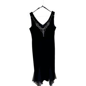 Sheri Martin Womens Black Velvet Midi Dress Rhinestone Neckline 12 Large Evening